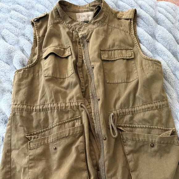 Vest Jacket Per Se Olive Women sz XL Canvas Zip/Snap Drawstring Waist Pockets - Picture 2 of 4